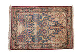 Antique Kerman pictorial rug, tree of life, birds, deer, lions, denim blue, ivory, 2' x 2'10