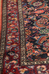 The serpent design border alongside the cherry red floral main border on a vintage Malayer rug.