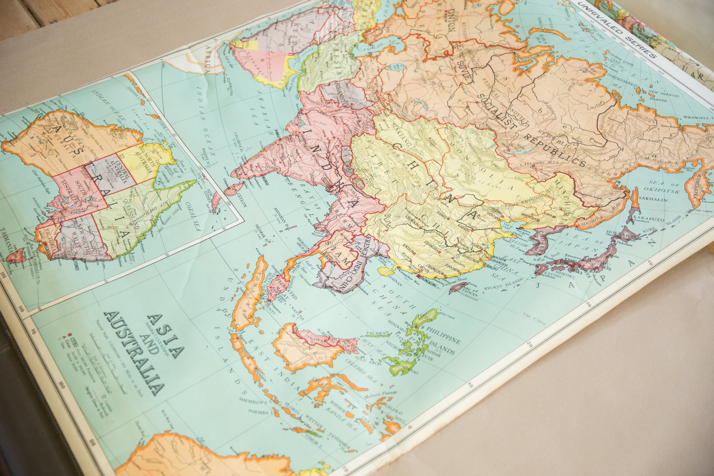 Vintage Nystrom Pull Down Map of Asia and Australia // ONH Item: 12559, Image 1