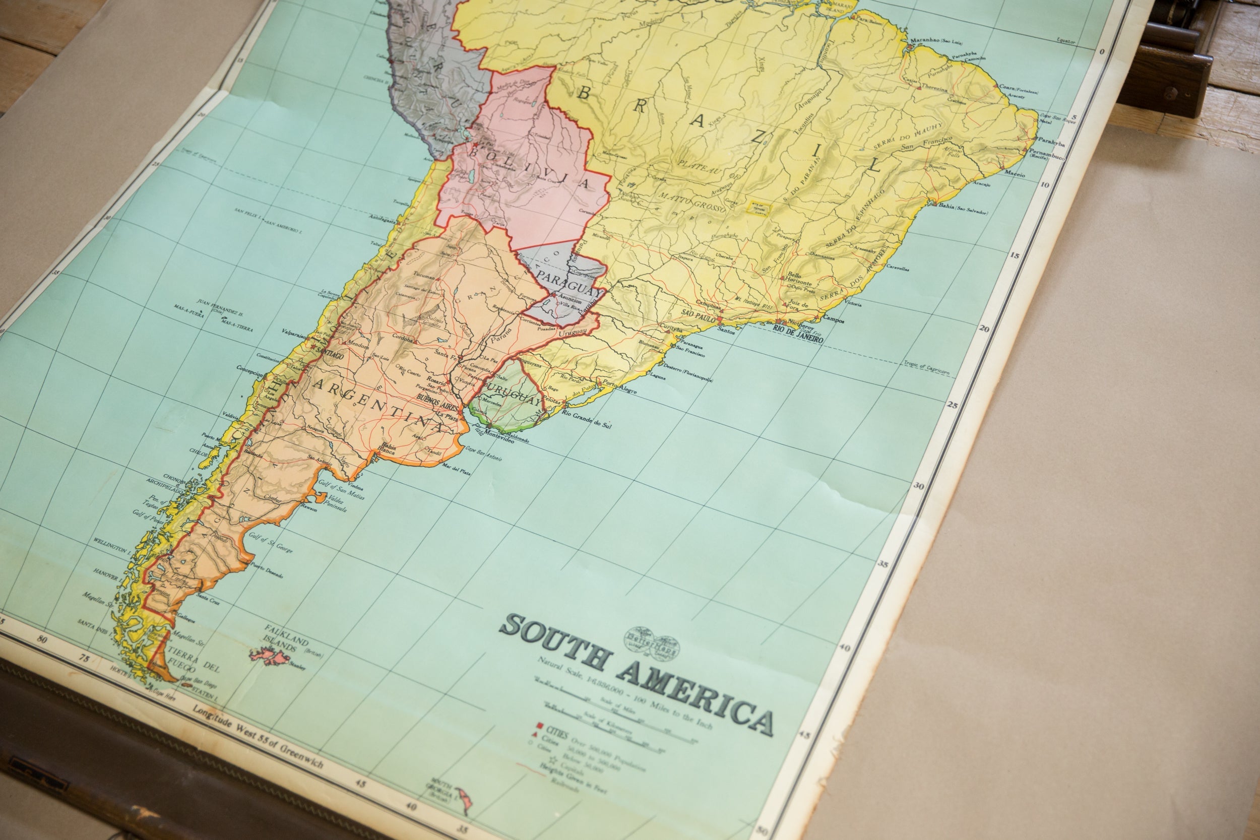 Vintage Nystrom Pull Down Map of South America // ONH Item: 12562, Image 1