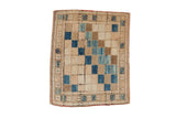 Vintage distressed Oushak square rug mat with diagonal blue and neutral color squares.