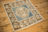 Distressed vintage Oushak rug texture with dusty blue medallion and germinating plant border.
