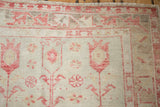 Detail of a vintage Oushak rug's geometric border with serrated leaves in faded red, sand, and platinum.