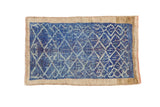 Vintage Distressed Oushak rug with faded cobalt blue lattice and camel border, 1'10