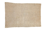 A vintage distressed Turkish Tulu rug with a textured checkered design in shades of ivory and platinum.