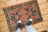 A vintage Persian Mehreban rug mat with floral patterns shown on the floor for scale.