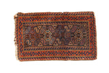 Vintage Belouch rug mat, geometric gul medallions in madder red, cobalt blue, brown. 1'5