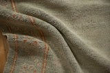 Muted slate blue Kars pile showing distressed texture, dye lot changes, and terracotta stripes.