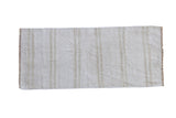 Vintage Hemp Kilim rug runner in plain-weave ivory, platinum, and beige patterned strips.