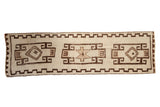 Vintage Kurd runner features triple rectilinear medallions, geometric borders, ivory, and chocolate brown.