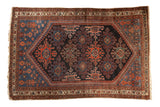 Hand-knotted vintage Persian Mehreban rug, geometric guls and botehs in navy, red, blue, 3'8