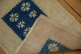 Distressed cobalt blue geometric pattern on beige, showcasing the Oushak rug's reverse.