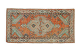 Vintage Distressed Oushak runner, shield medallion, geometric florals, burnt orange and mint green patina.