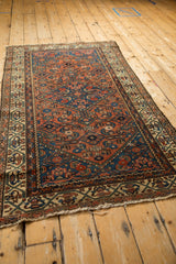 Ivory main border detail of antique Hamadan rug, showing meandering vine motif and tattered fringe.