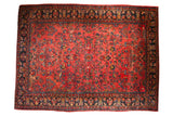 10x14 vintage Hamadan carpet with ruby red allover floral and tree of life pattern.