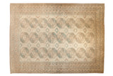 Vintage Distressed Ersari carpet, repeating gul medallions, ivory and dusty ocean green blue.