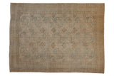 Distressed vintage Oushak rug with triple column gul medallions in ivory, beige, pale teal.