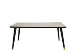 Vintage Mid Century Coffee Table with light rectangular top, dark tapered legs, brass caps.