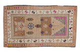 Distressed vintage Oushak rug, beige, ochre, pale ruby germinating trees, stepped Mehrab, 2'8