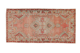 Distressed Oushak rug runner, blush and seafoam medallion with ruby red accents, 2'6