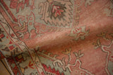 Blush and pale seafoam distressed Oushak runner with geometric serrated palmettes.
