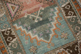 Heavy abrasions and rainbow dye lot changes on teal, orange, and brown geometric patterns.