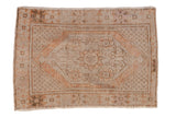Vintage distressed Oushak rug with faded floral medallion, antique ivory and dusty rust, 2'8