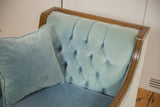 Vintage 1960s baby blue mohair side chair with tufted backrest and wooden trim.