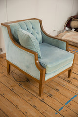 Geometric carved wooden leg and baby blue mohair velvet on vintage side chair.