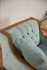 Tufted baby blue mohair velvet back of vintage 1960s chair, with matching pillow.