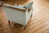 Vintage 1960s baby blue mohair velvet chair side with wooden legs and signs of age.