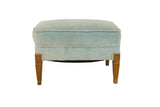 Vintage 1960s baby blue mohair velvet footstool with carved tapered wooden legs.