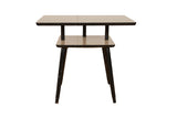 Vintage Mid Century end table with two light taupe tiers and black tapered legs.