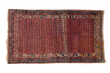 Antique Kurdish Hamadan rug with allover boteh pattern in dusty rose, sapphire blue, and heavy abrash, 4x7.5 feet.