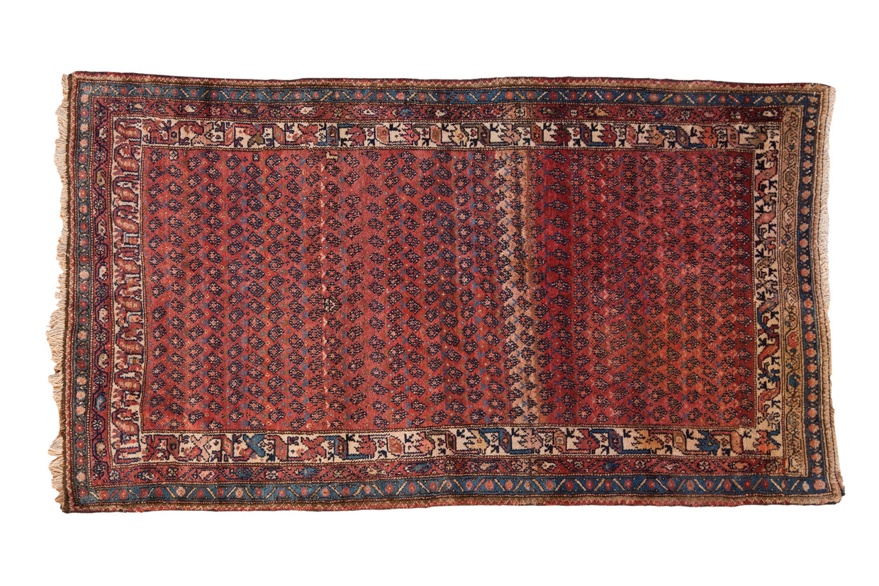 Antique Kurdish Hamadan rug with allover boteh pattern in dusty rose, sapphire blue, and heavy abrash, 4x7.5 feet.