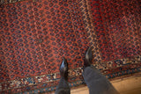 Antique Kurdish Hamadan rug, repeating dusty rose, sapphire blue boteh pattern, heavy abrash.