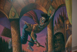Harry Potter with a surprised look, flying on his broomstick through a stone archway.