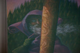 Close-up of the wizard's face, white beard, and purple hood on the Harry Potter poster.