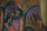 Detailed illustration of Harry Potter flying on a broom through a stone archway.