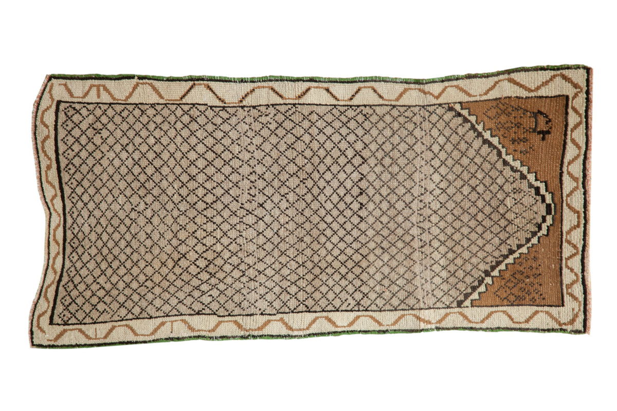 Vintage distressed Kars runner, ivory field with dark diamond lattice and coffee brown niche.