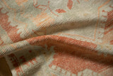 Vintage Distressed Oushak rug pile with mostly even wear, faint foundation, rust and seafoam.