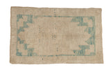 Distressed vintage Oushak runner with platinum field and sky blue geometric pattern.