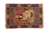 Antique pictorial Kerman rug with a royalty cameo medallion, cochineal red field, and navy calligraphic border.
