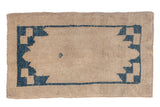 Distressed Oushak runner, antique ivory field, cobalt blue geometric border, vintage 2'3