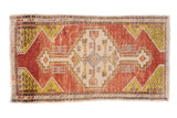 Vintage Distressed Oushak rug mat, stepped medallion, geometric blossoms, terra cotta, ivory, lime green, 1'9