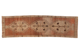 Vintage Distressed Turkish Oushak runner, abrashed copper, sand tones, repeating medallions.