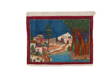 Vintage Persian Kashan pictorial rug depicting a colorful townscape with mountains and a river.
