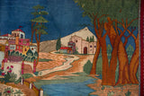 Detailed pictorial scene on a vintage Kashan rug depicting a town, mountain, and trees.