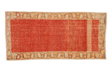 Vintage Oushak runner with a distressed cherry red lattice pattern and a faded ivory and saffron border.
