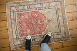 Vintage distressed Oushak rug in blush and jade green, shown on the floor for scale.